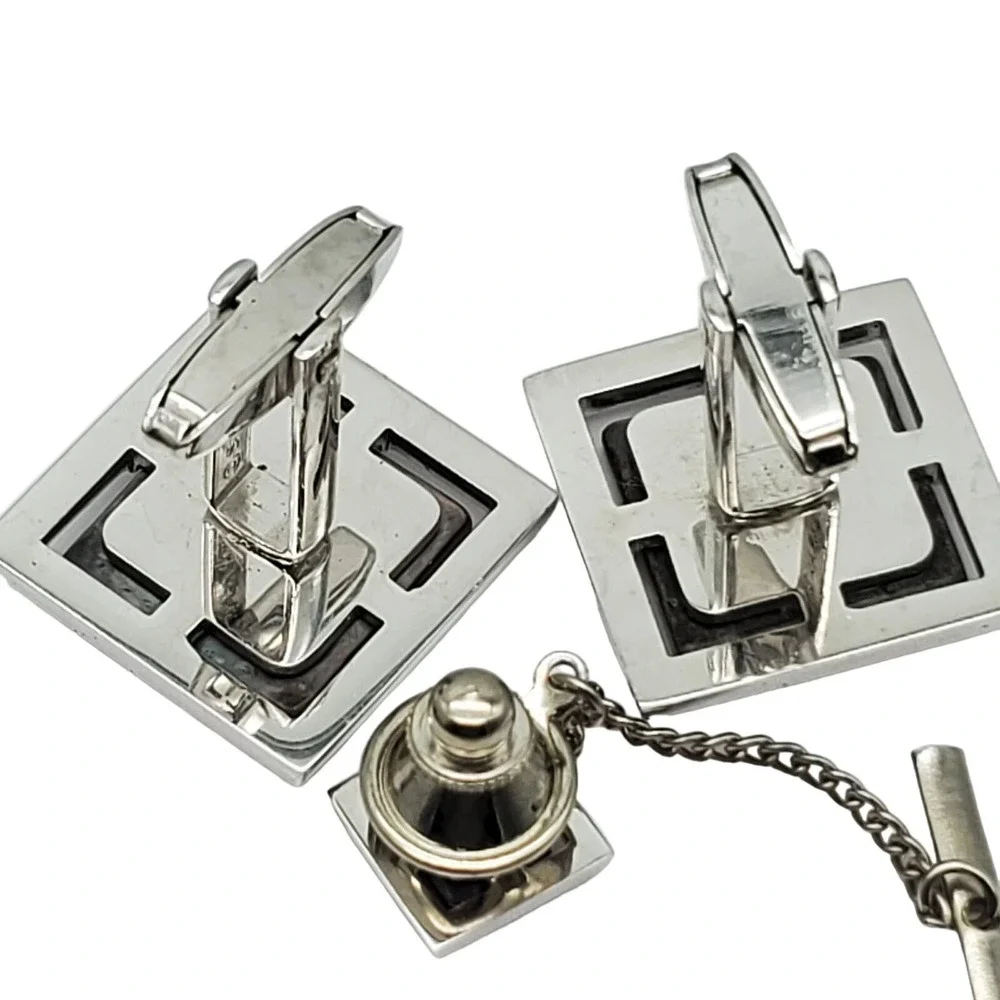 Sarah Coventry Square Abalone Cufflinks Tie Tack Silver Tone Lapel Pin Shell Mod